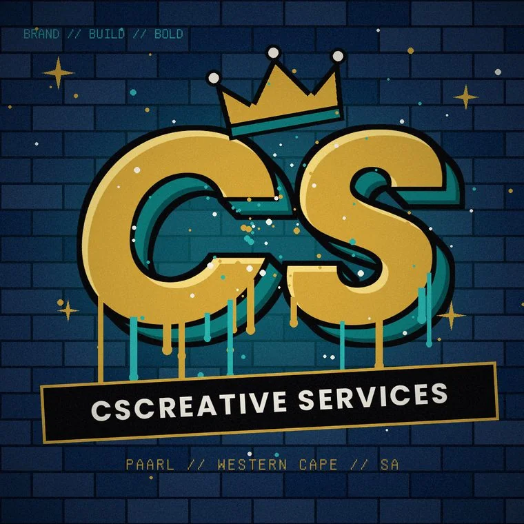 CS graffiti logo with a gold crown on a navy brick wall